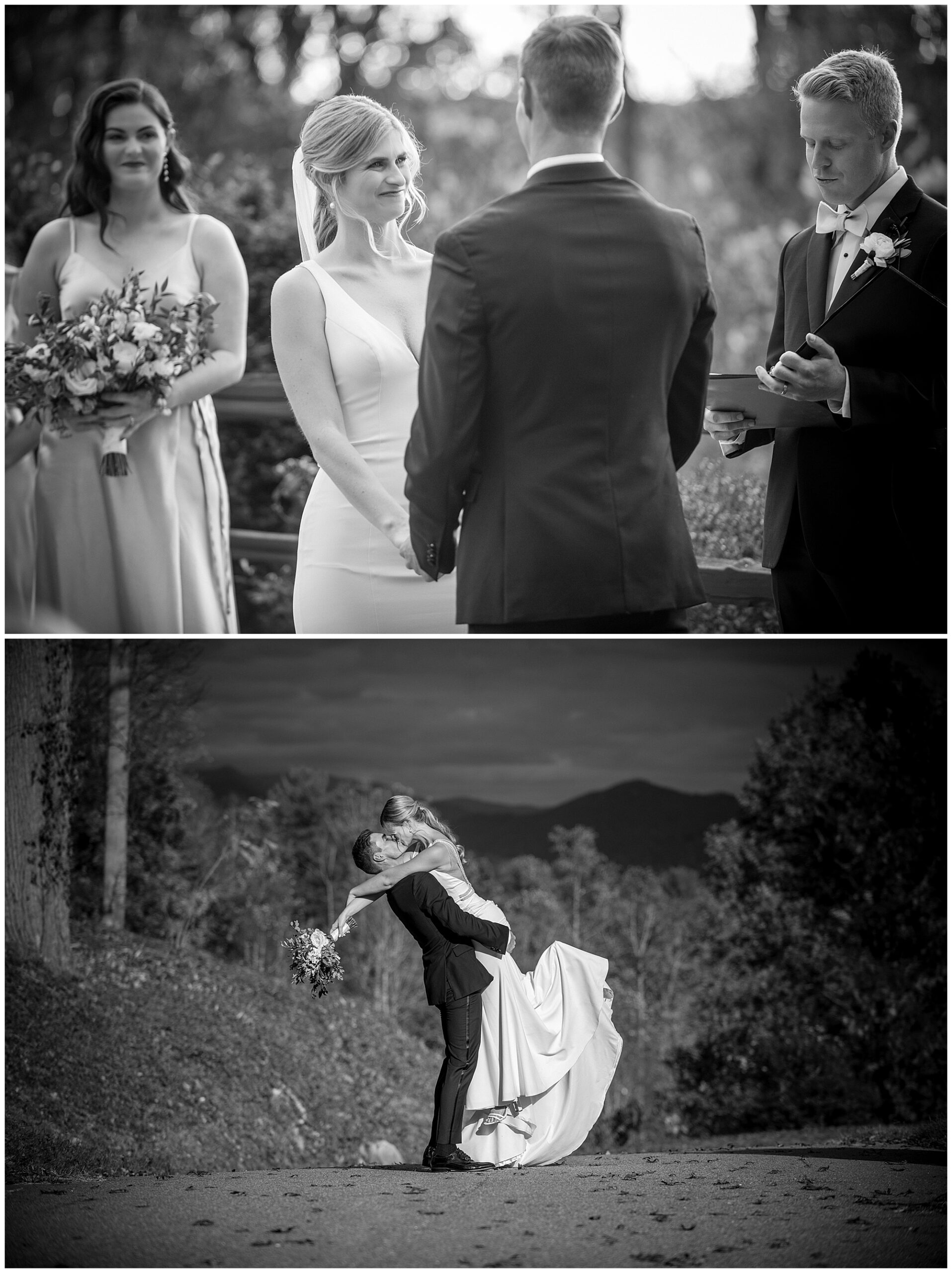 black and white bride and groom photos at the crest center