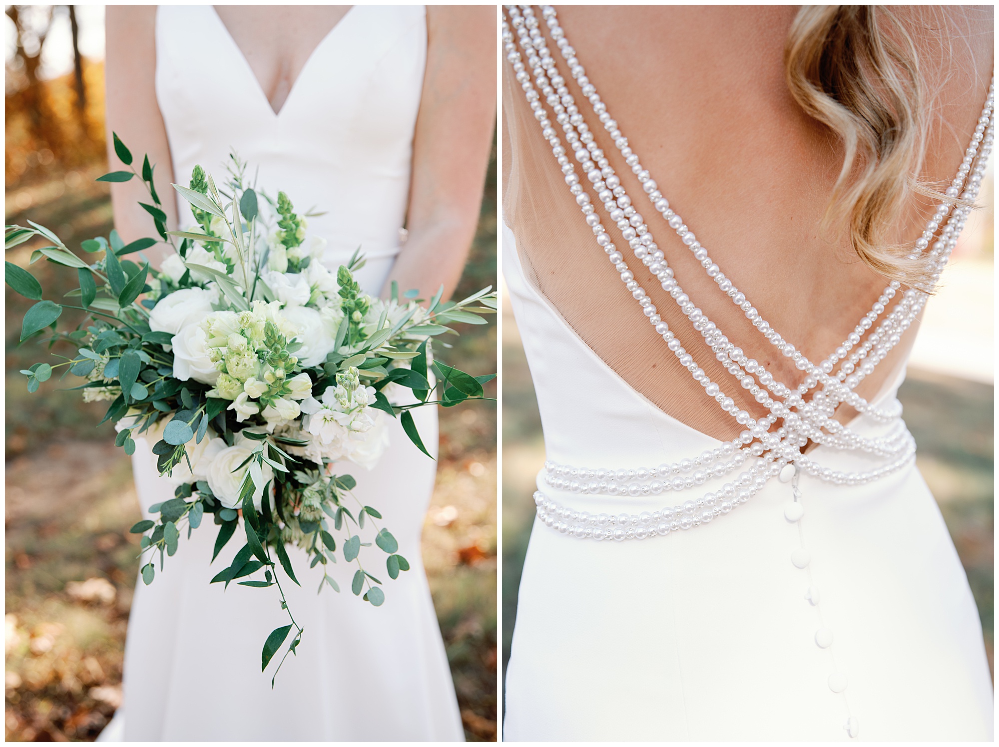 Dress details and bridal boquest - photography by kathy beaver